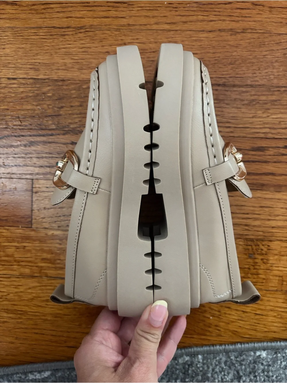 Zara Cream Leather Loafers with Gold Chain Accent